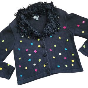 Vintage Berek Sweater Cardigan Womens XL Art to Wear Embroidered 80s Polka Dot